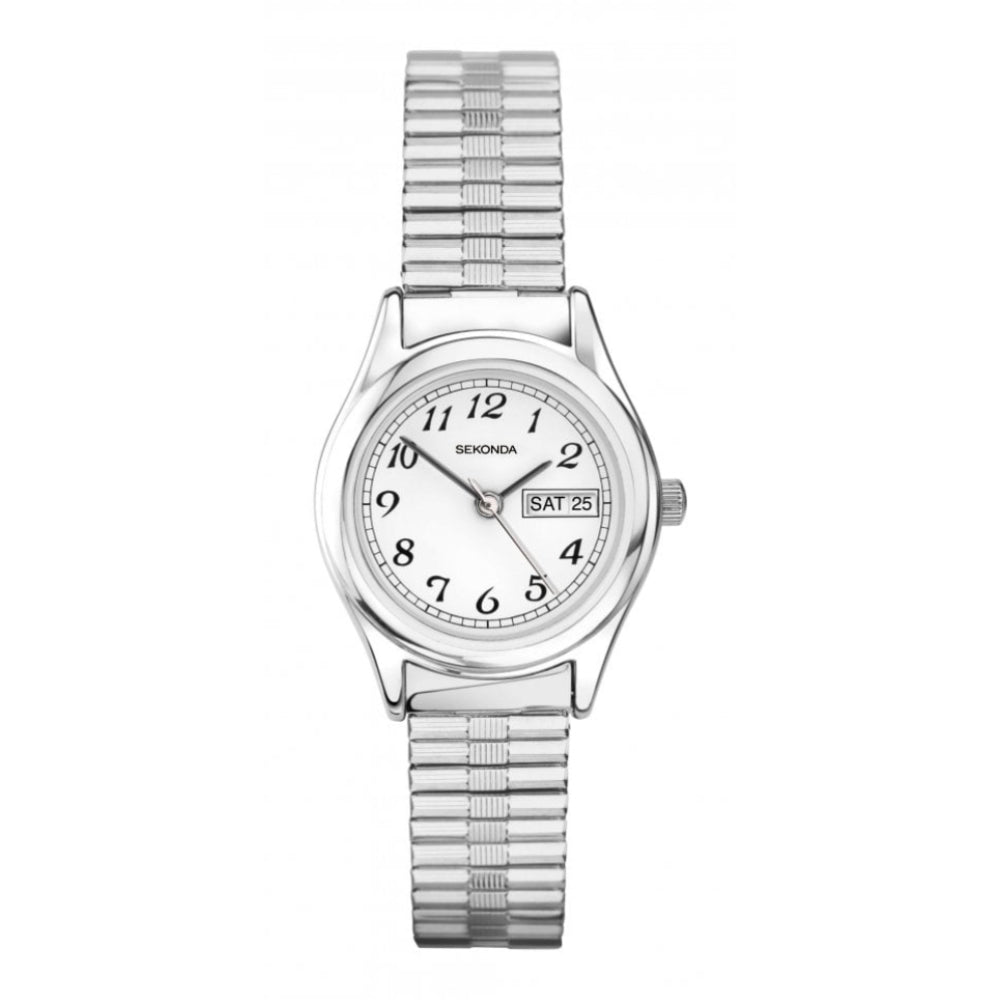 Stainless Steel Expander Bracelet Strap & Case With White Day-Date Display Dial Ladies Watch