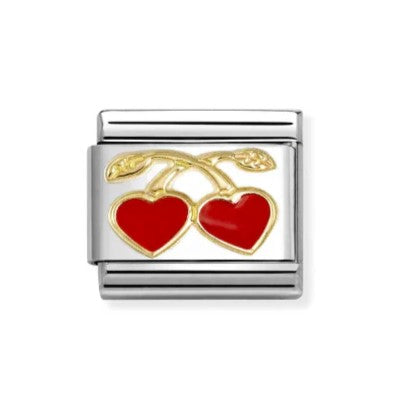 Composable Classic Red Heart Cherries In 18K Gold & Enamel Charm