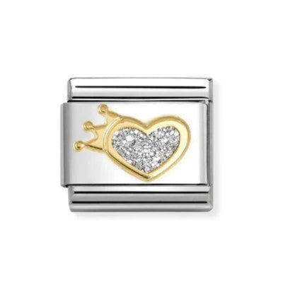 Composable Classic Glitter Heart With Crown In 18K Gold & Enamel Charm