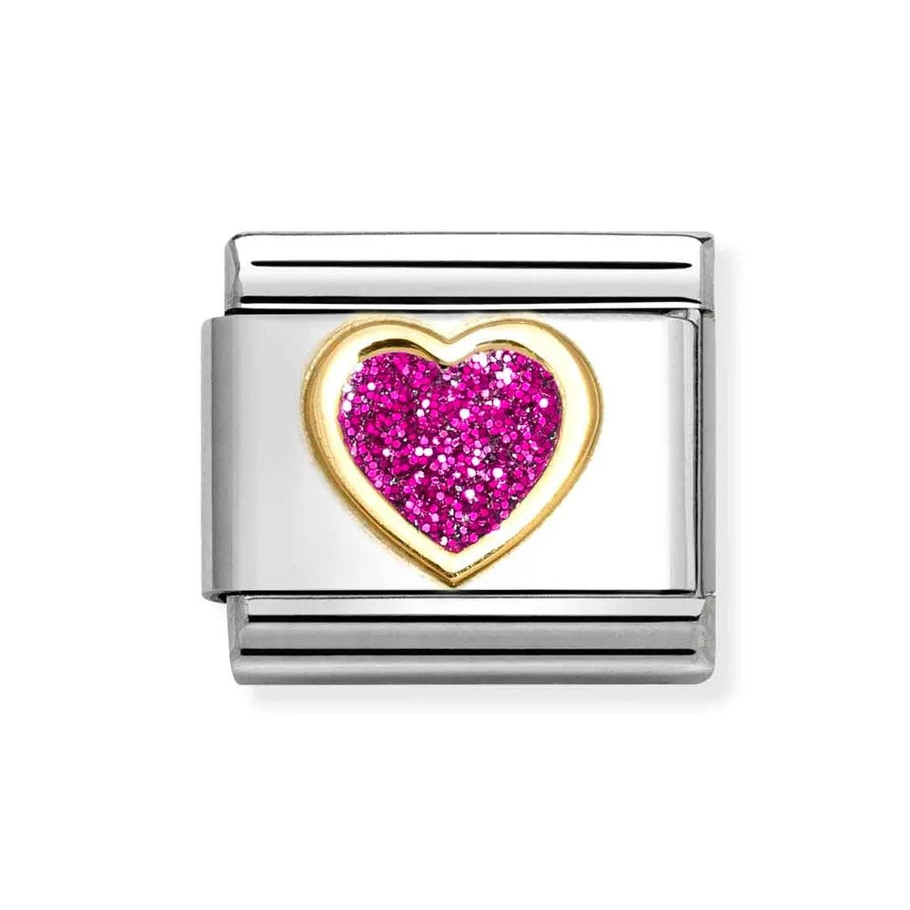 Composable Classic Link With Heart In 18K Gold & Fuchsia Glitter Enamel