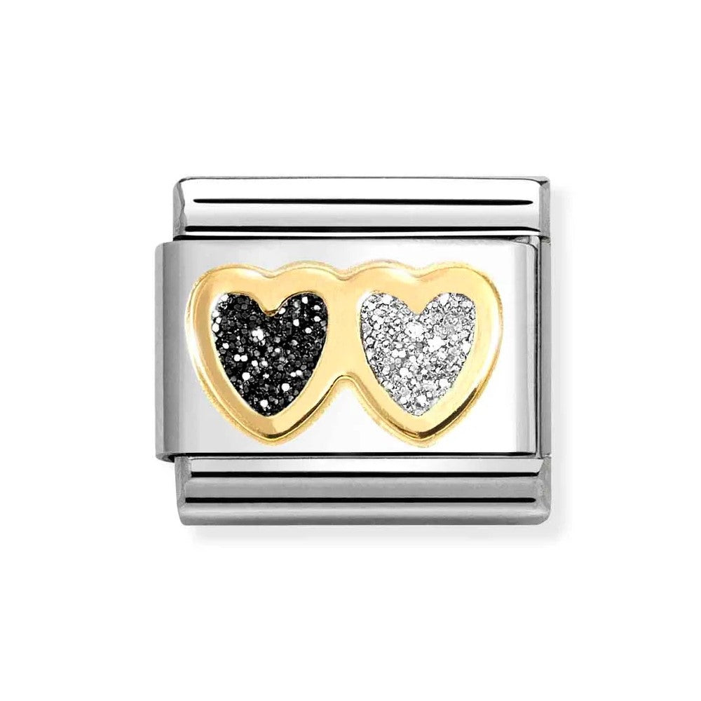 Composable Classic Link With Double Heart In 18K Gold, Black & Silver Glitter Enamel