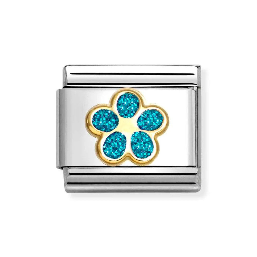 Composable Classic Link With Flower In 18K Gold & Light Blue Glitter Enamel