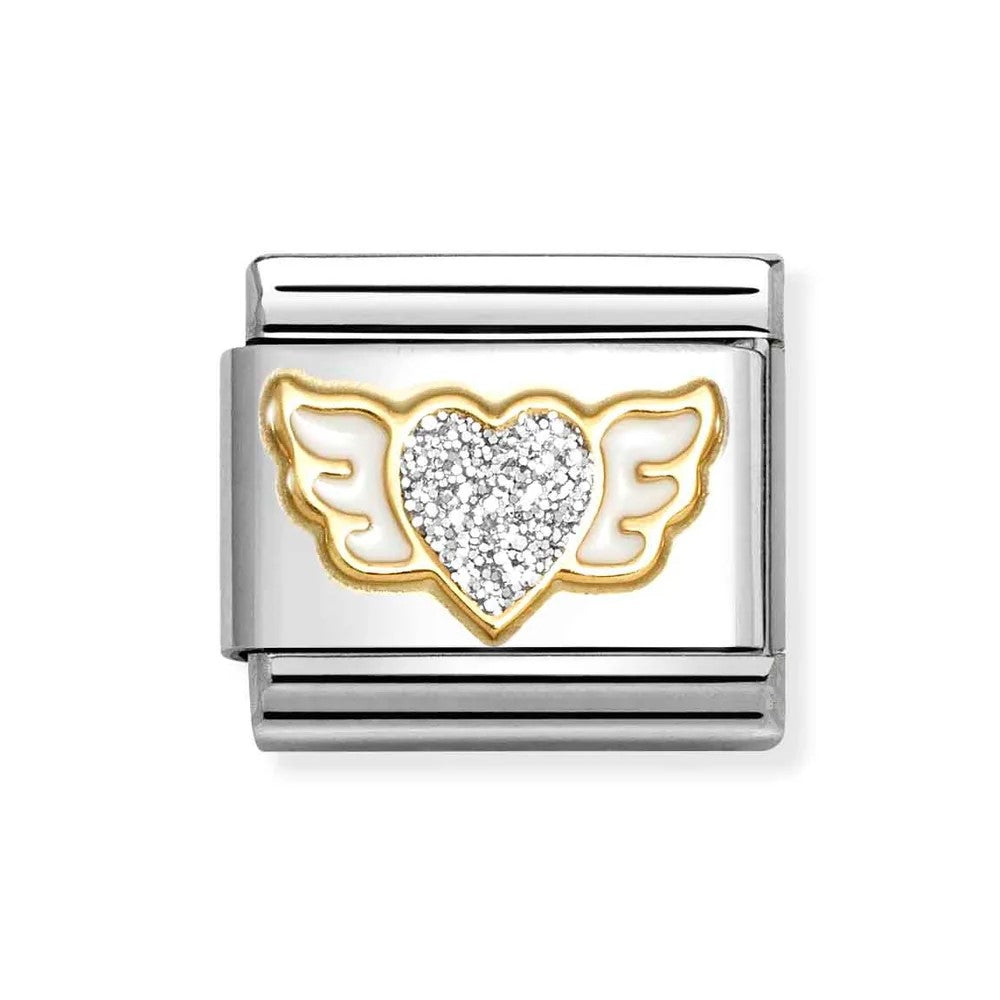 Composable Classic Link With Heart With Wings In 18K Gold, White & Silver Glitter Enamel