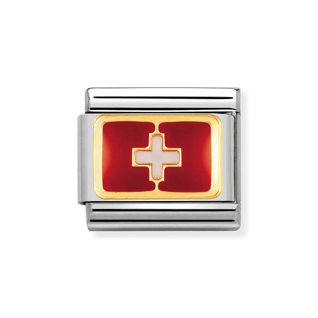 Classic Switzerland Flag In Stainless Steel With Enamel & 18k Gold Charm