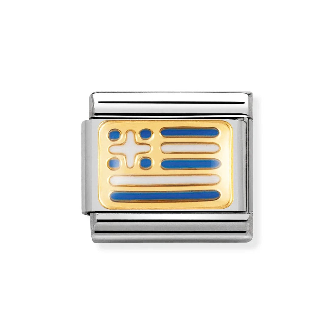 Classic Greece Flag In Stainless Steel With Enamel & 18k Gold Charm