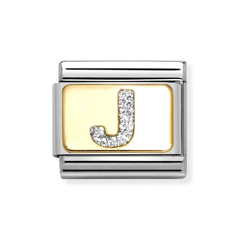 Composable Classic Link With Letter J In 18K Gold & Silver Glitter Enamel