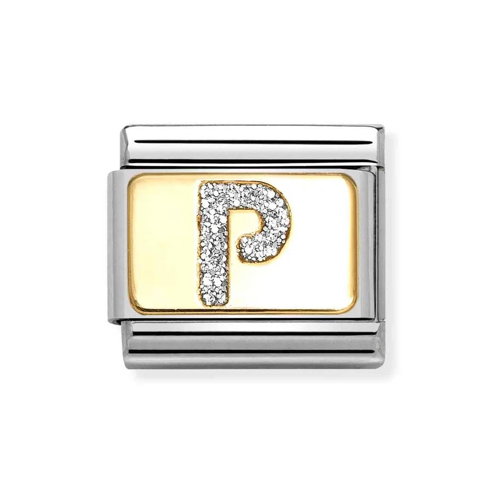 Composable Classic Link With Letter P In 18K Gold & Silver Glitter Enamel