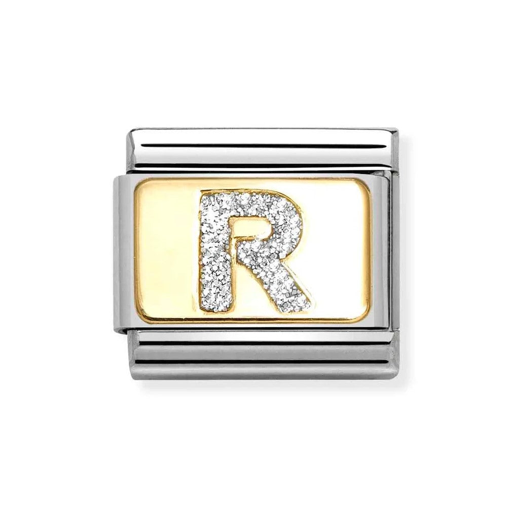 Composable Classic Link With Letter R In 18K Gold & Silver Glitter Enamel