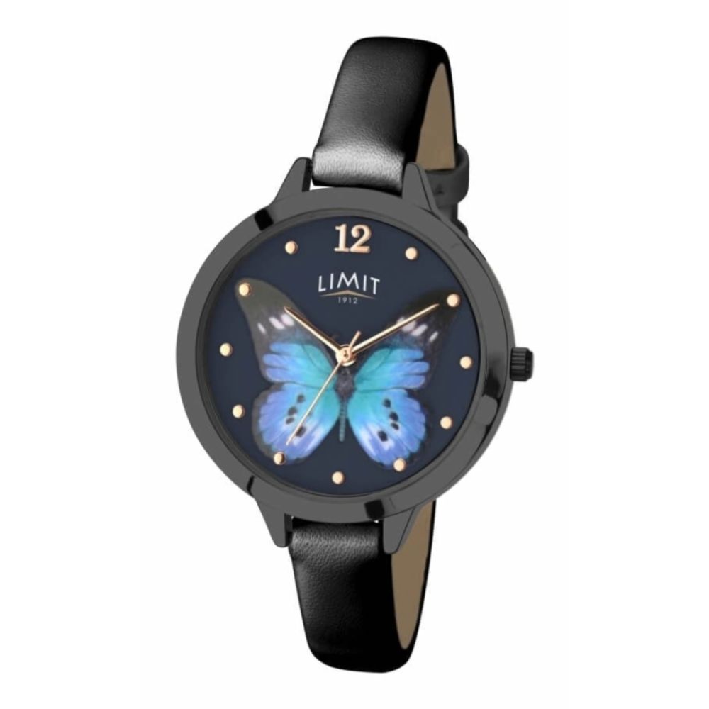Stainless Steel Matt Black Butterfly Print Dial & PU Strap Ladies Watch