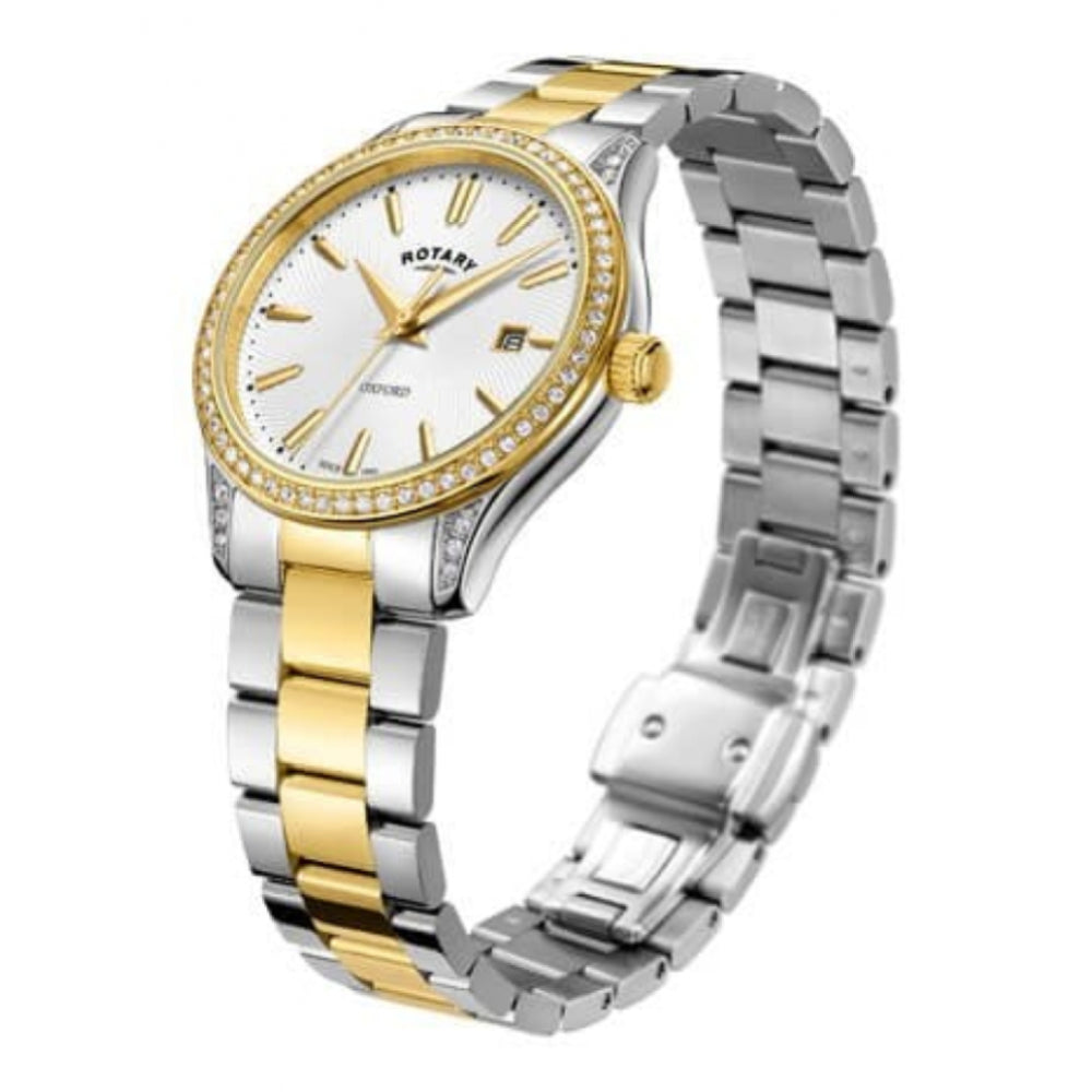 Gold Tone Case With Stones Around & Two Tone Bracelet Strap Ladies Oxford Watch