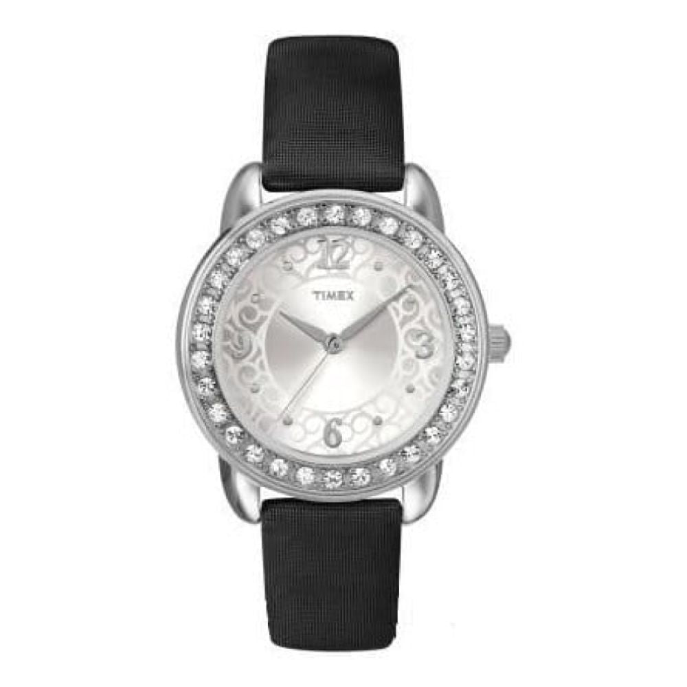 Ladies Black Leather Silver Dial Strap Watch