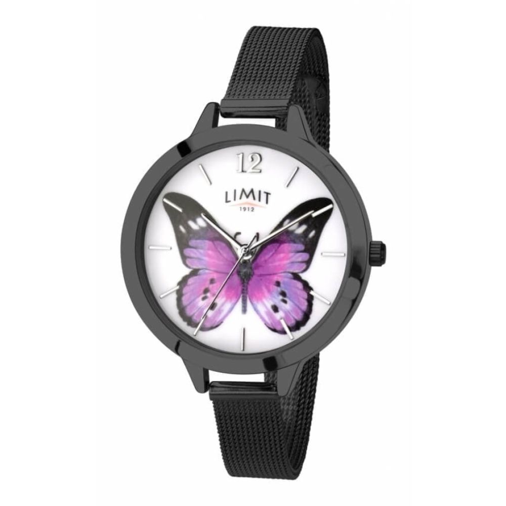 Black Tone Stainless Steel Butterfly Print Dial & Mesh Strap Ladies Watch