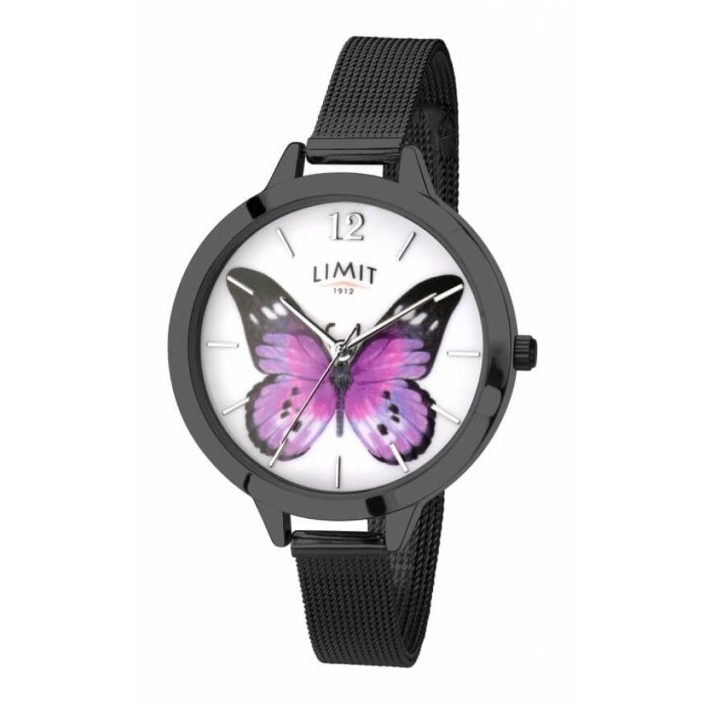 Black Tone Stainless Steel Butterfly Print Dial & Mesh Strap Ladies Watch