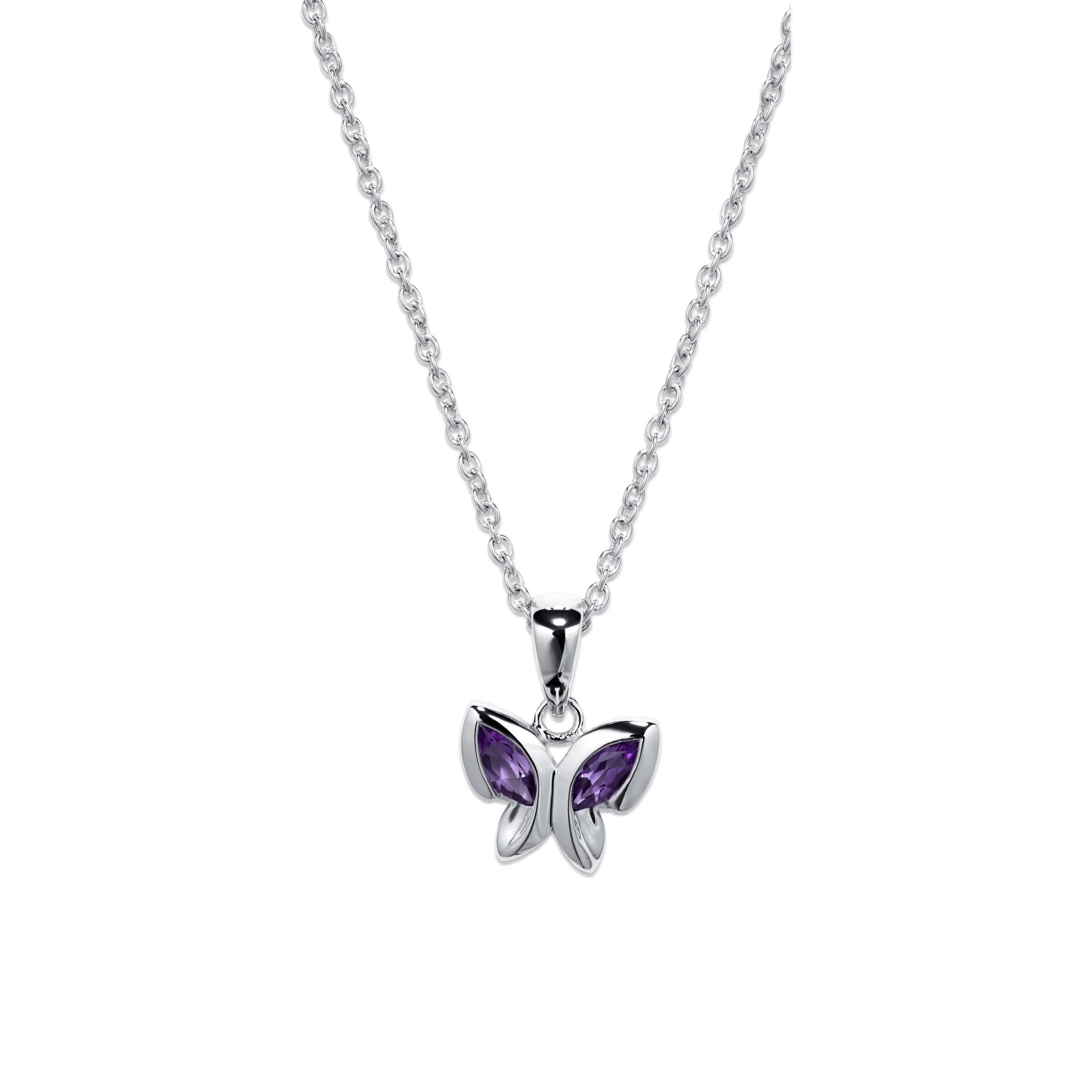 Rhodium Plated Amethyst Butterfly Pendant Necklace