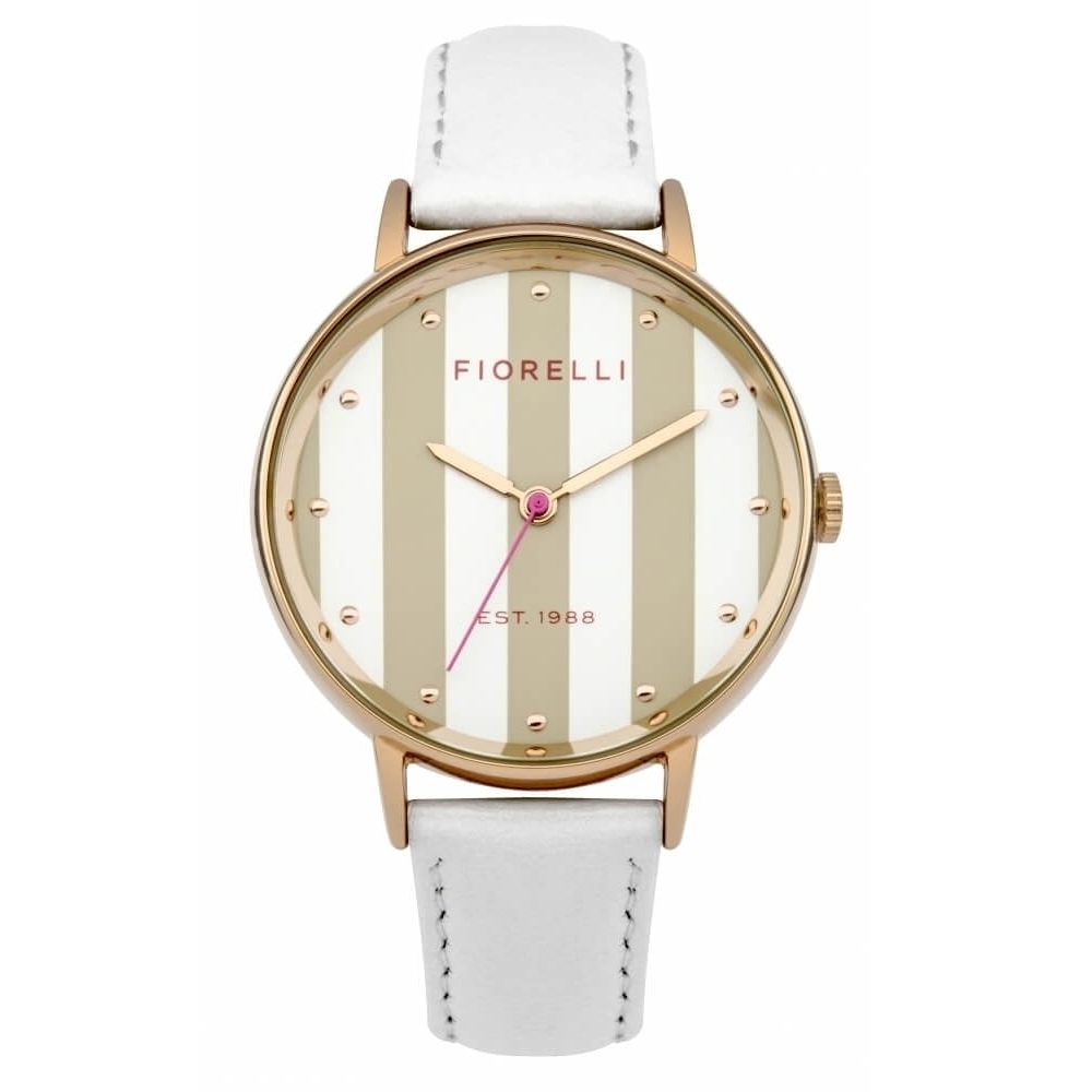 Ladies White Strap Watch With Rose Gold Tone Stripes On White Dial