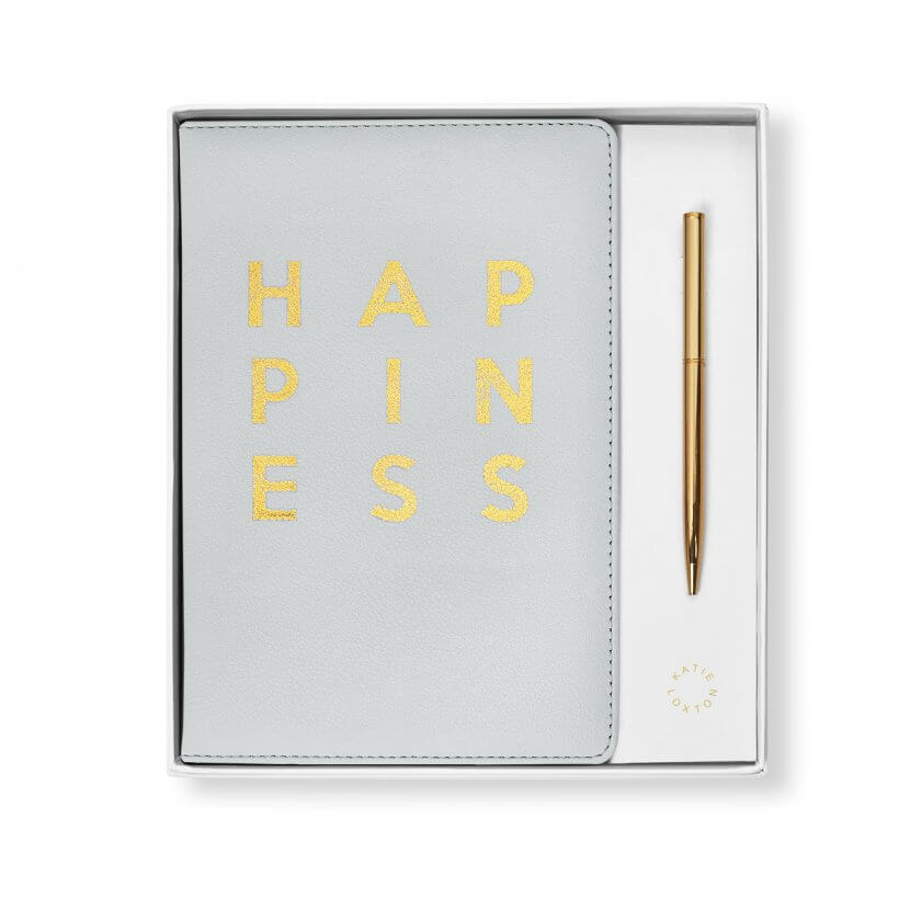 Beautifully Boxed A5 Notebook And Pen Set | Happiness | Grey
