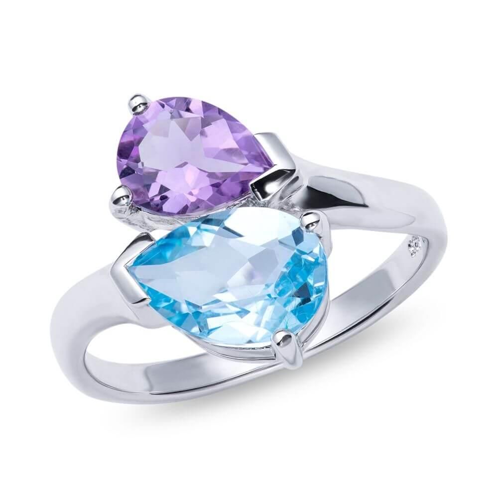 Rhodium Plating Amethyst & Blue Topaz Ring
