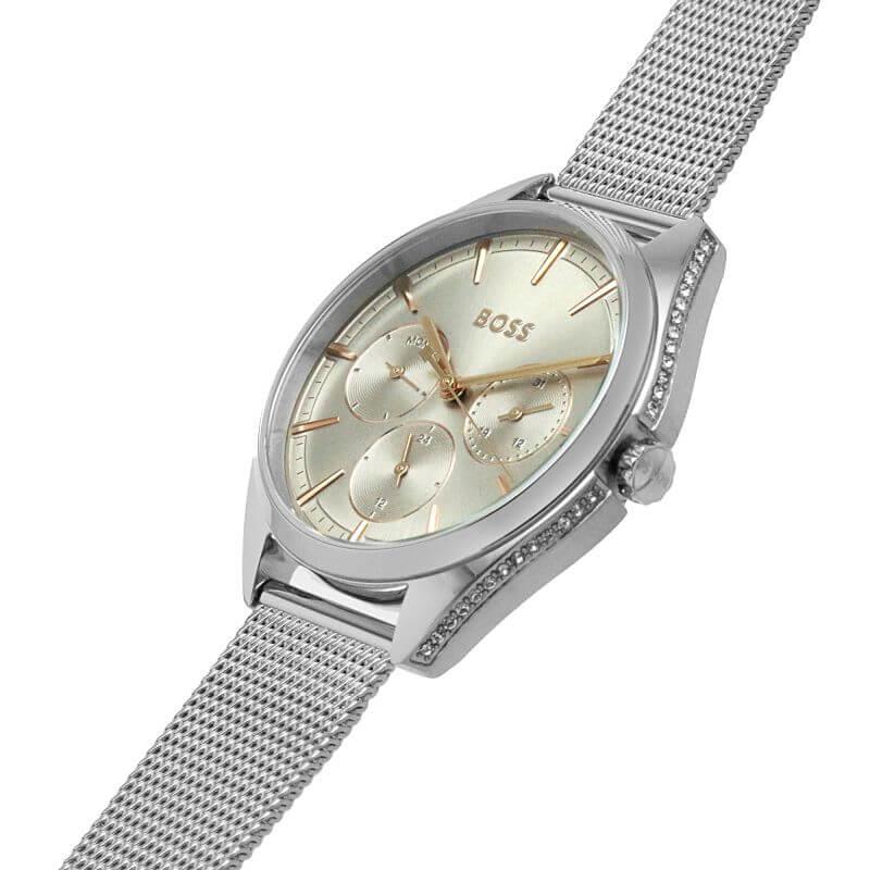 Saya Beige Dial Stainless Steel Mesh Bracelet Multifunction Ladies Watch