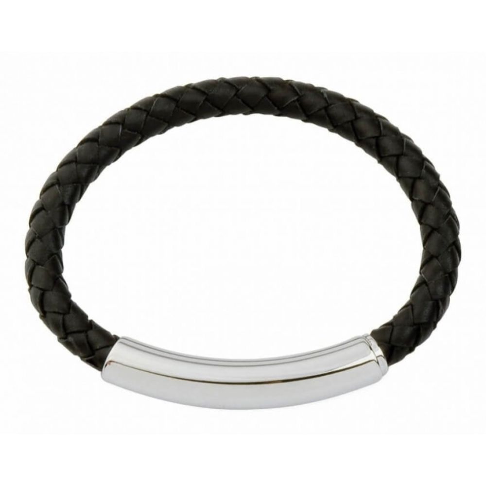 Gents Black Leather Stainless Steel Feature With Magnetic Clasp Adjustable Bracelet