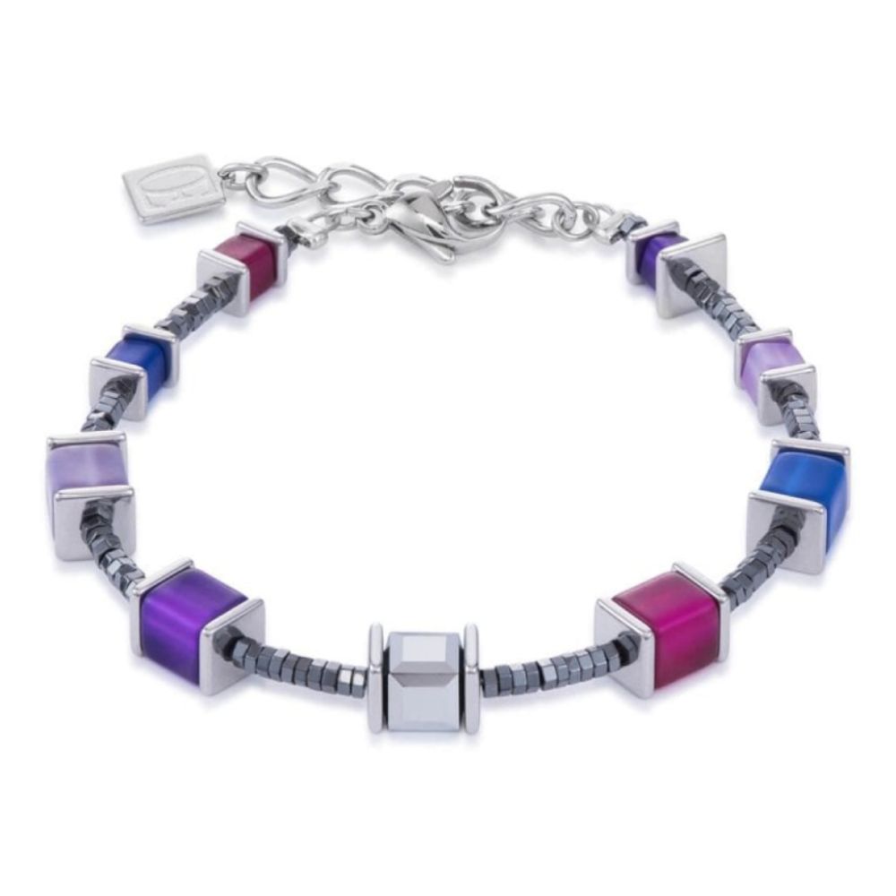 Violet-Blue Geo Cube & Stainless Steel Bracelet