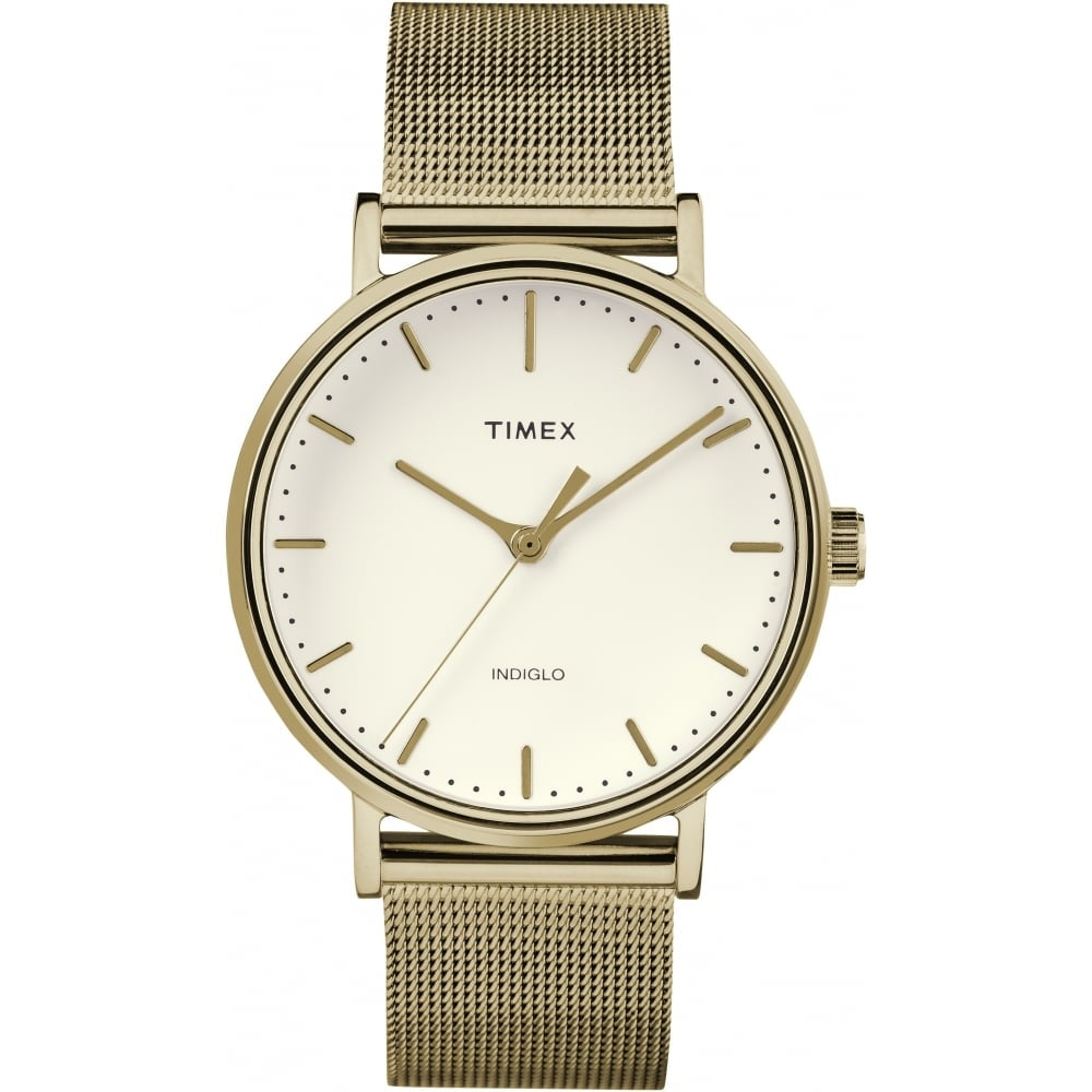 Timex Fairfield Gold Plated White Dial Mesh Bracelet Strap Edmonds