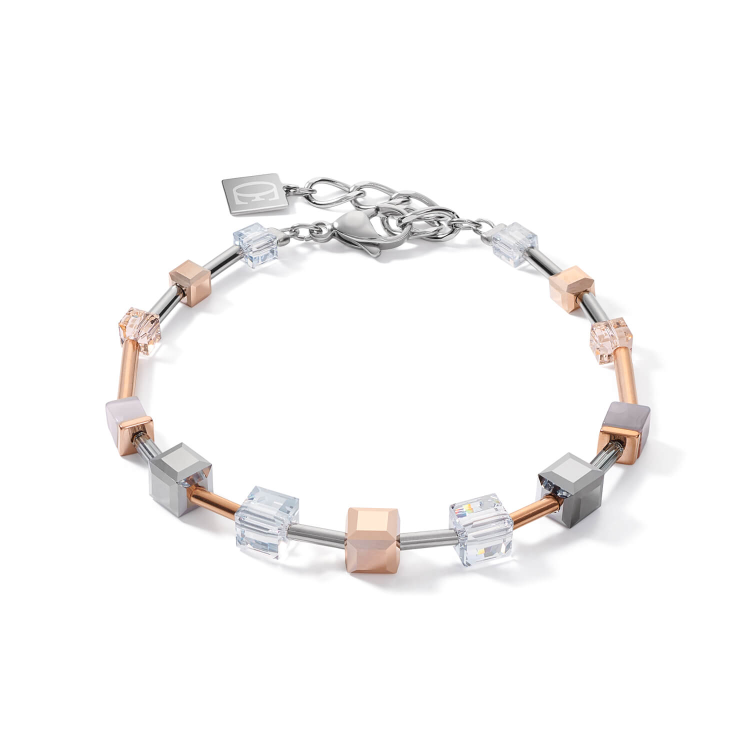 Rose Gold-Silver Big Geo Cubes With Botswana Agate Steel Bracelet