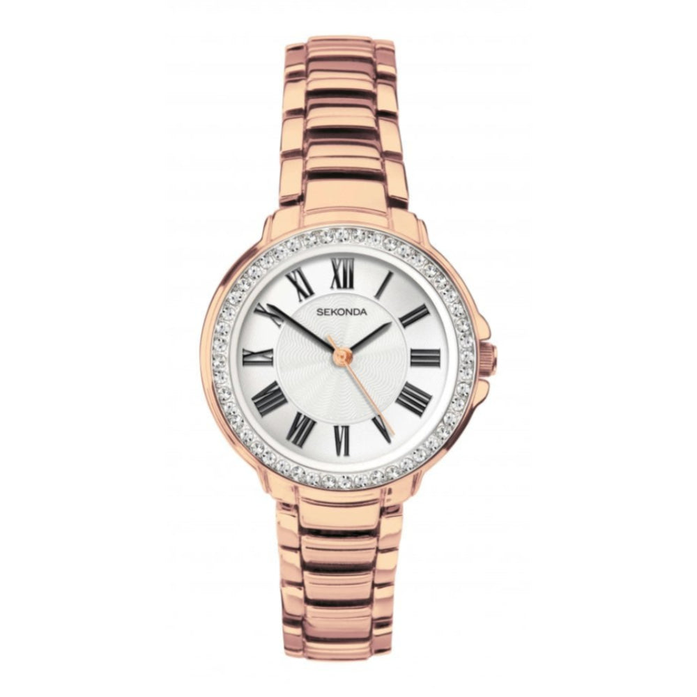 Rose Gold Plated Stone Set Case With White Dial & Rose Gold Tone Bracelet Strap Ladies Watch