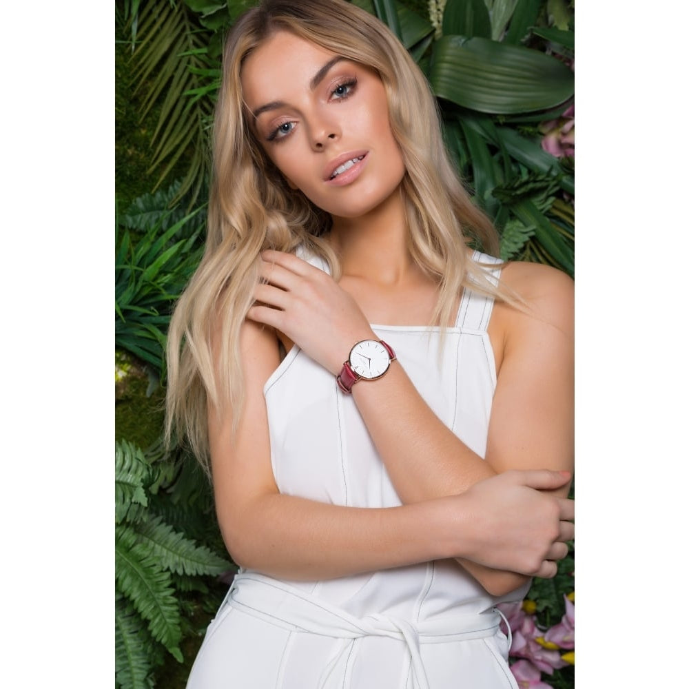 Tan Leather Rose Plated Watch with White Dial