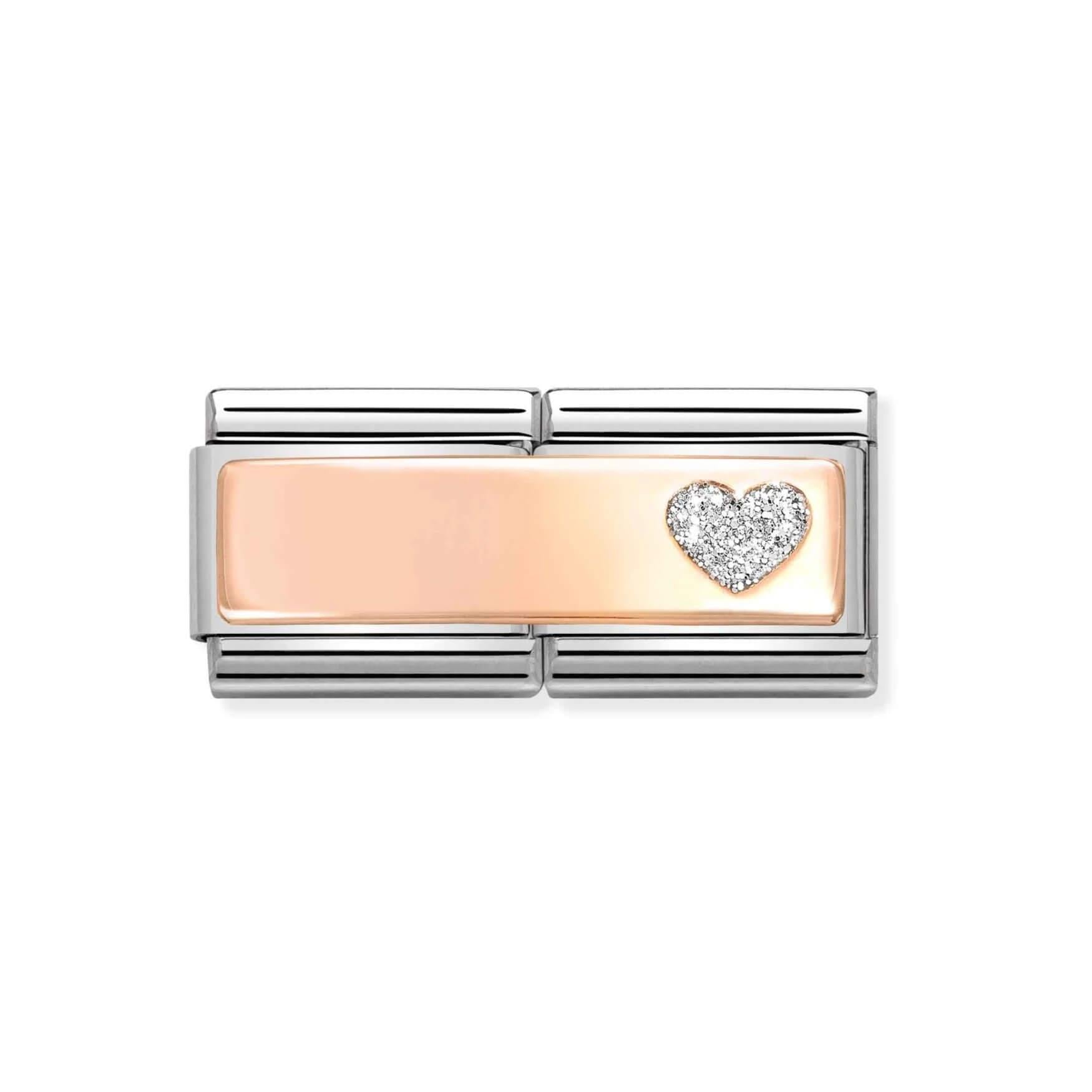 Composable Classic Double Link Engraving Plate With Glitter Heart In 9k RG