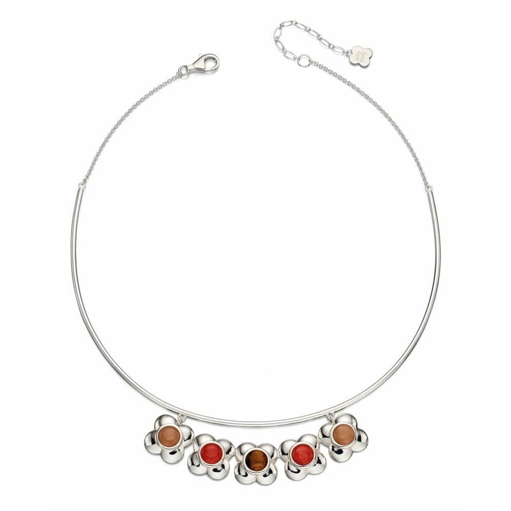 Tiger's Eye Solid Silver Flower Choker Necklace
