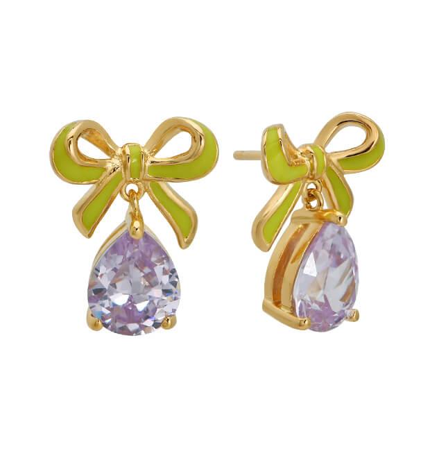 Amelia Bow Studs In Lime Enamel, Lilac CZ Teardrop & Gold