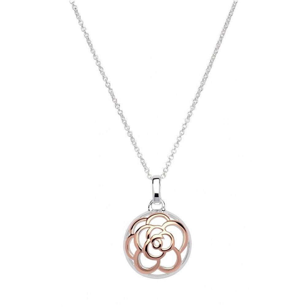 Silver 925 Circle Pendant With Rose Gold Plating Flower Incl. Chain