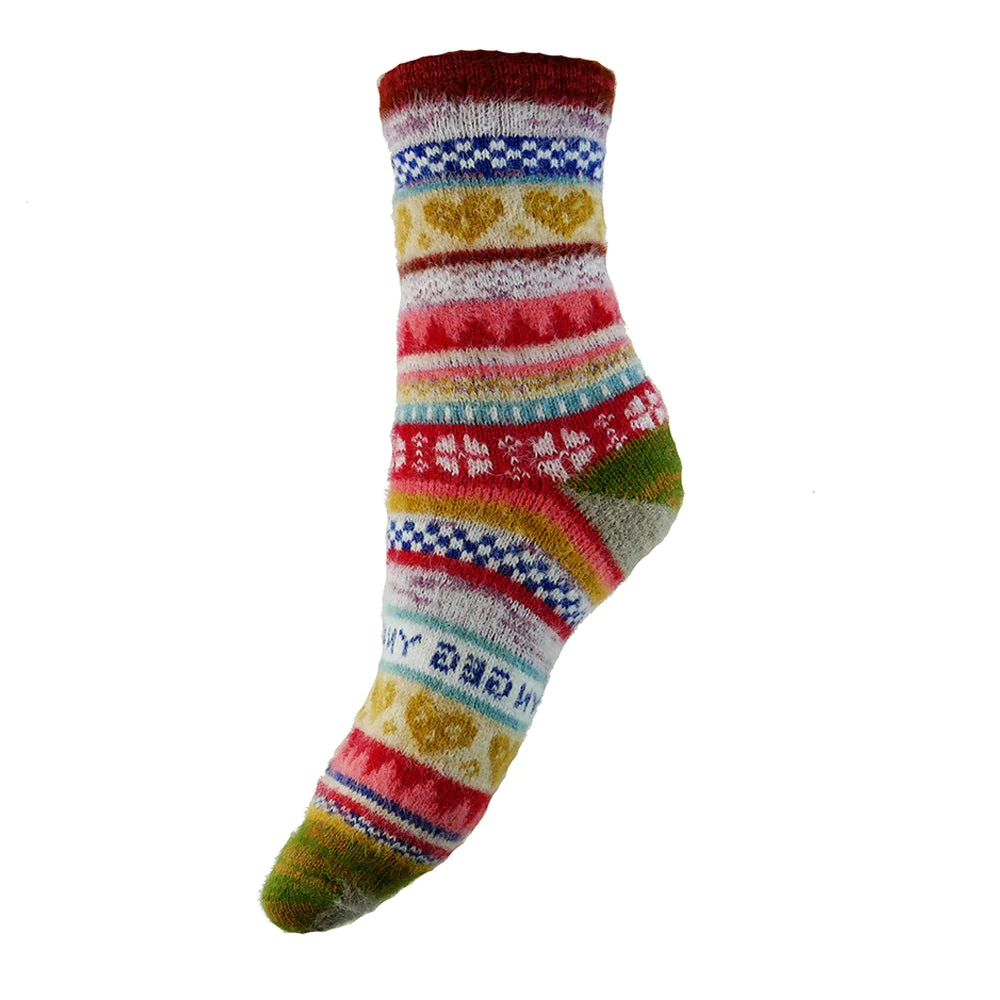 Multi Coloured Dark Red Cuff Scandi Wool Blend Socks