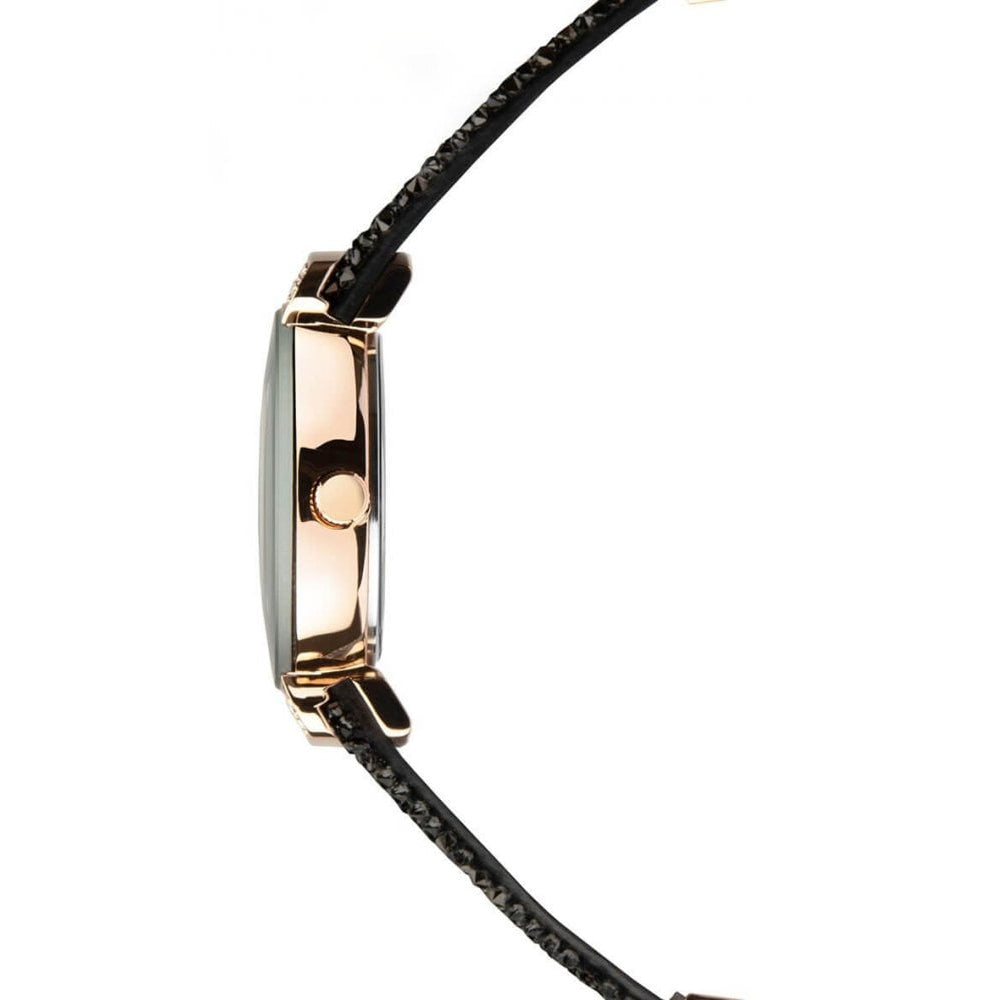 Rose Gold Plated Stone Set Case With Black Dial & Black Leather Strap With Crystals Ladies Watch