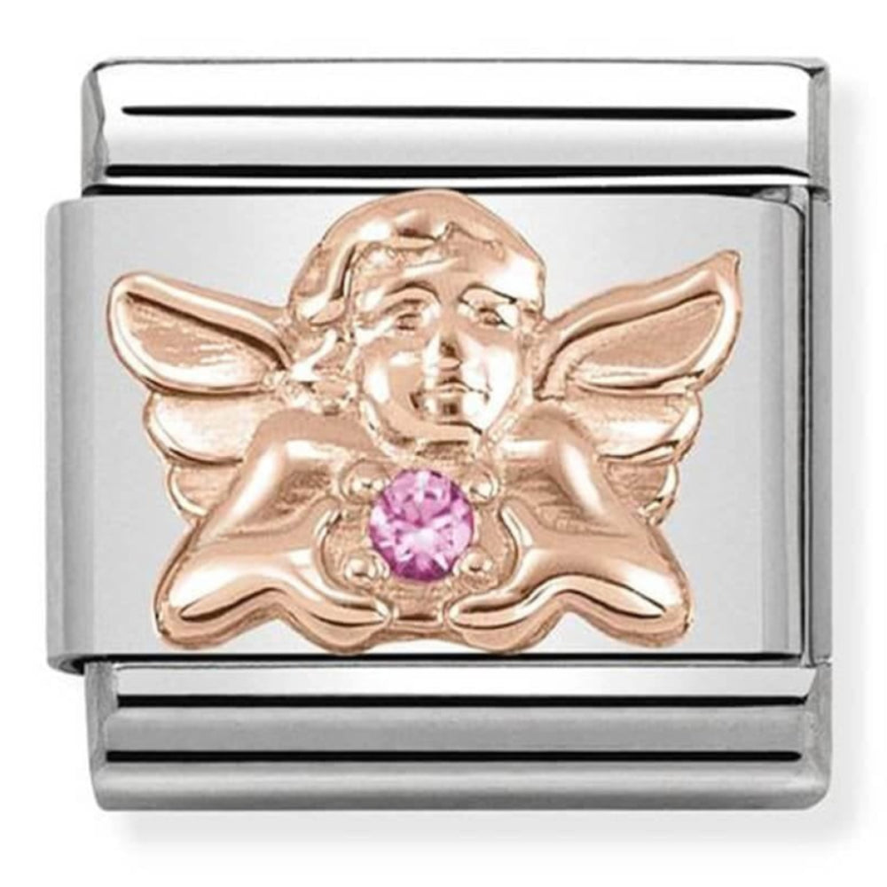 Classic Symbols In Steel, 9K Rose Gold & Pink CZ Angel Of Happiness Link