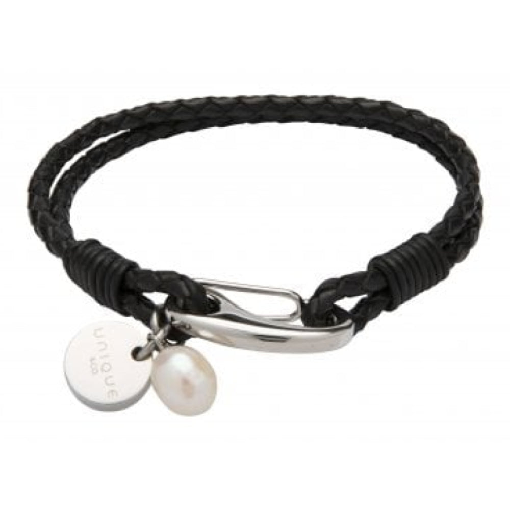 Black Leather Bracelet With Steel Shrimp Clasp - Pearl Charm