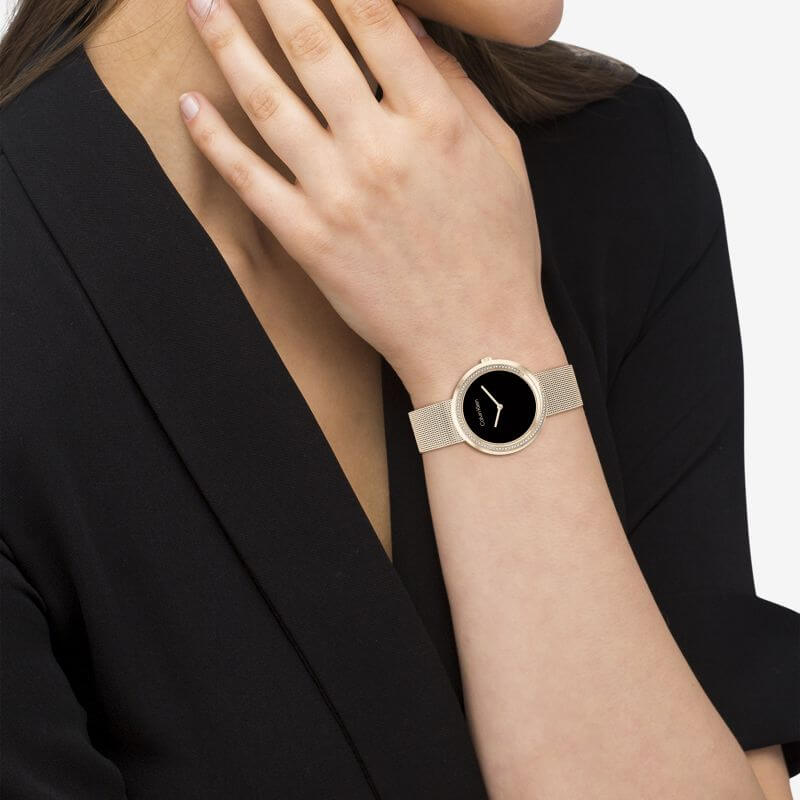 Twisted Bezel Black Dial RG Tone Mesh Strap Watch
