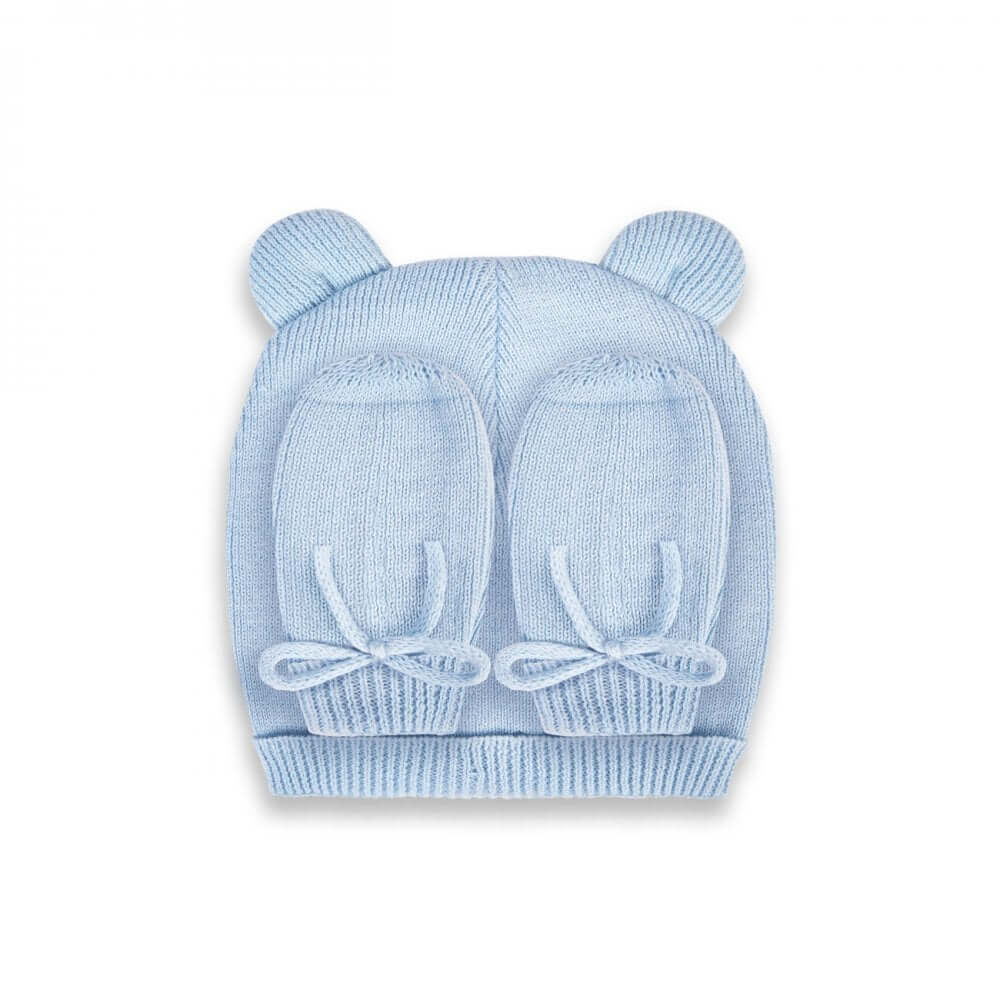 Beautifully Boxed Fine Knit Baby Hat And Mittens Set | Blue
