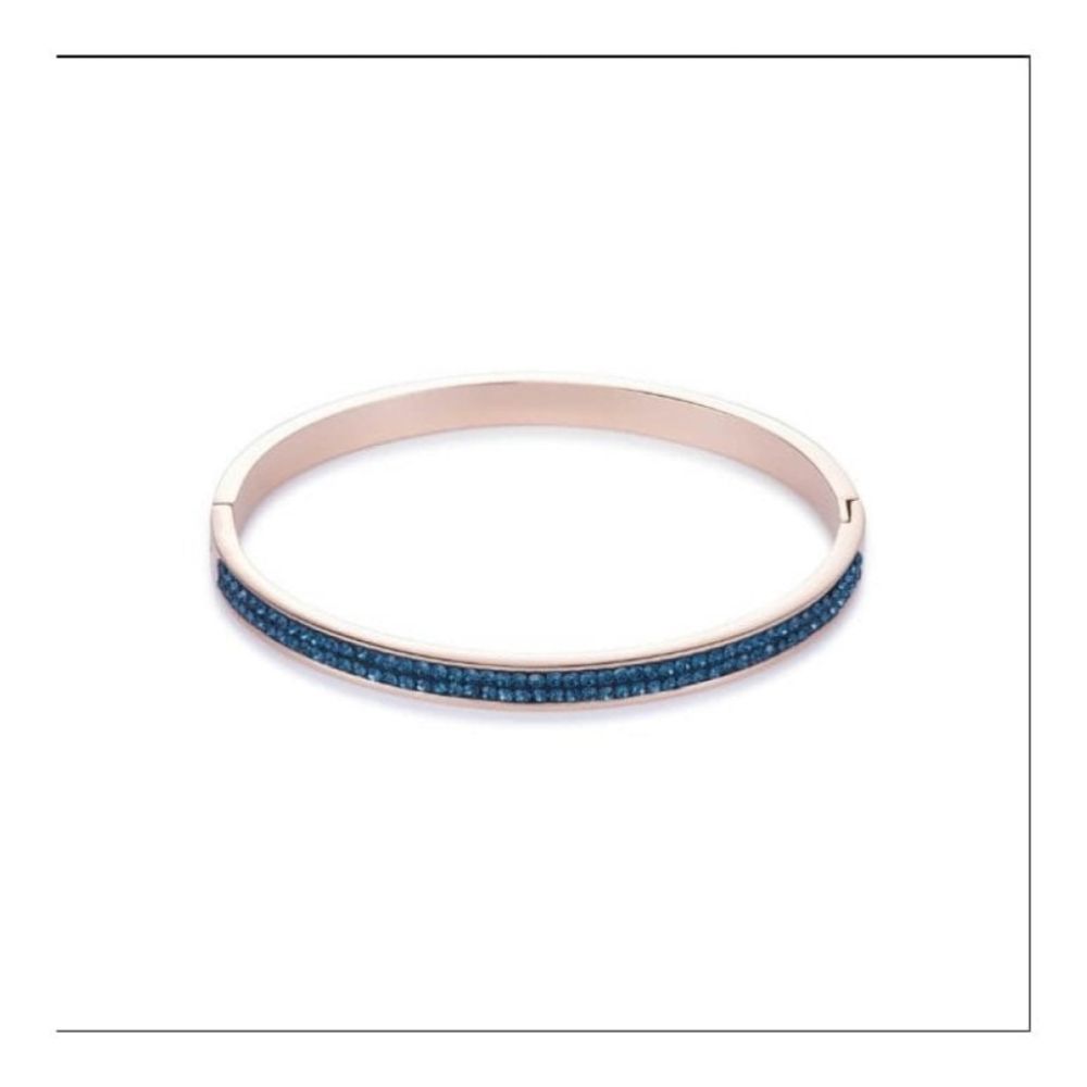 Rose Gold Tone Bangle with Click Closure & Blue Swarovski Crystals