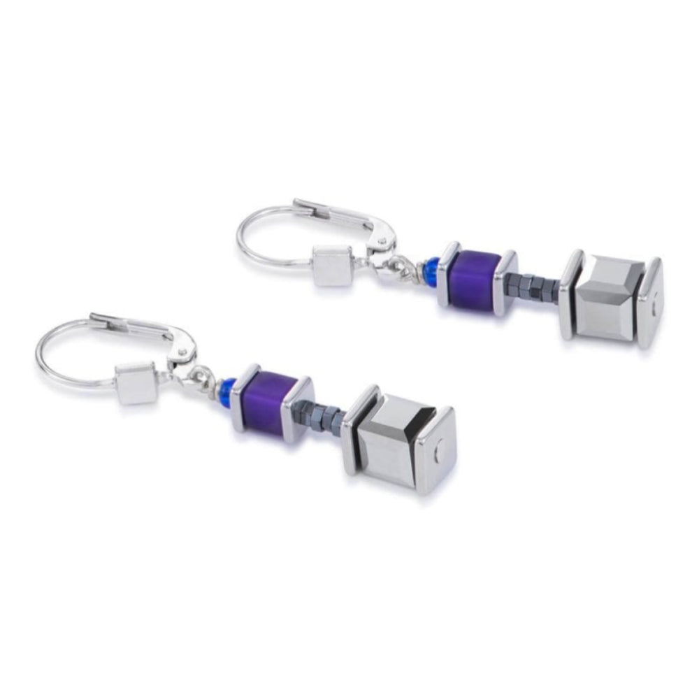 Violet-Blue Geo Cube & Stainless Steel Pierced Earrings