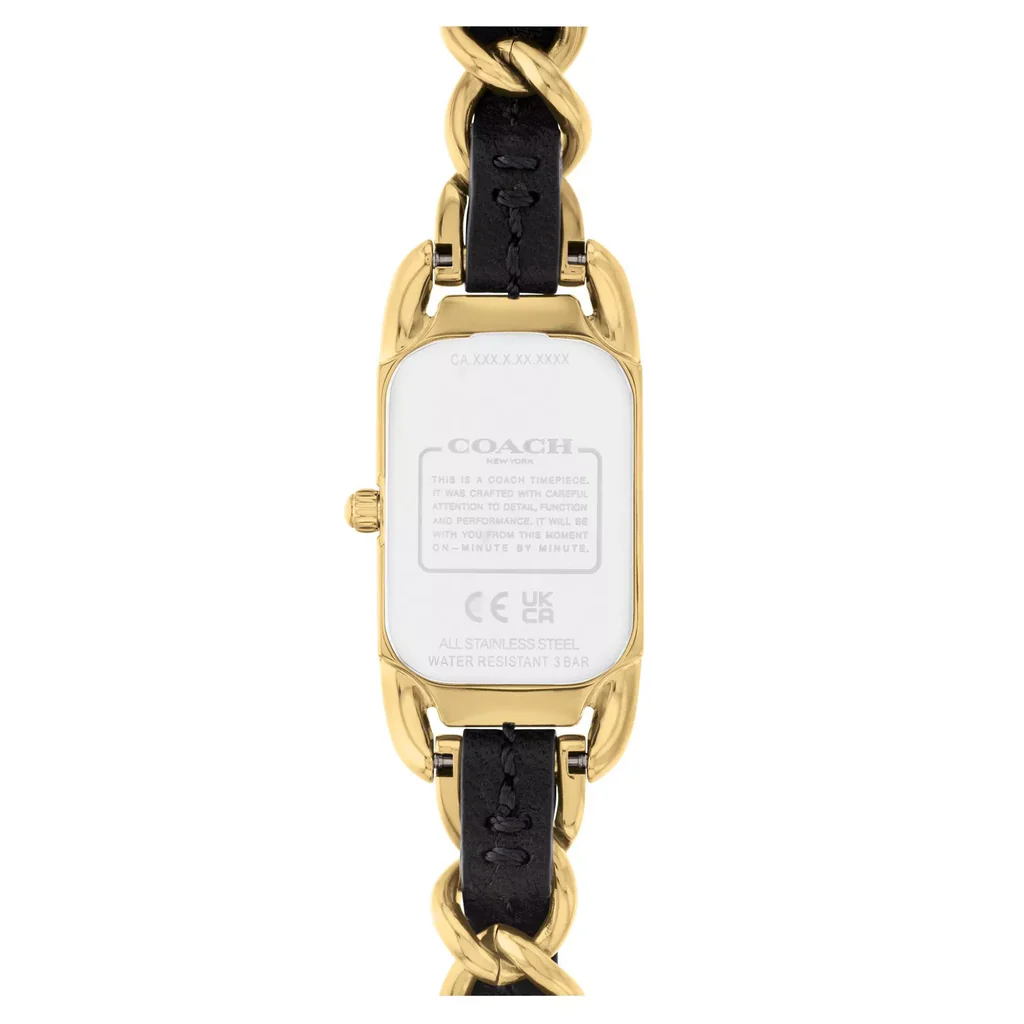 Cadie Black Rectangle Dial With Black Leather & Gold Plated Bracelet Strap Ladies Watch