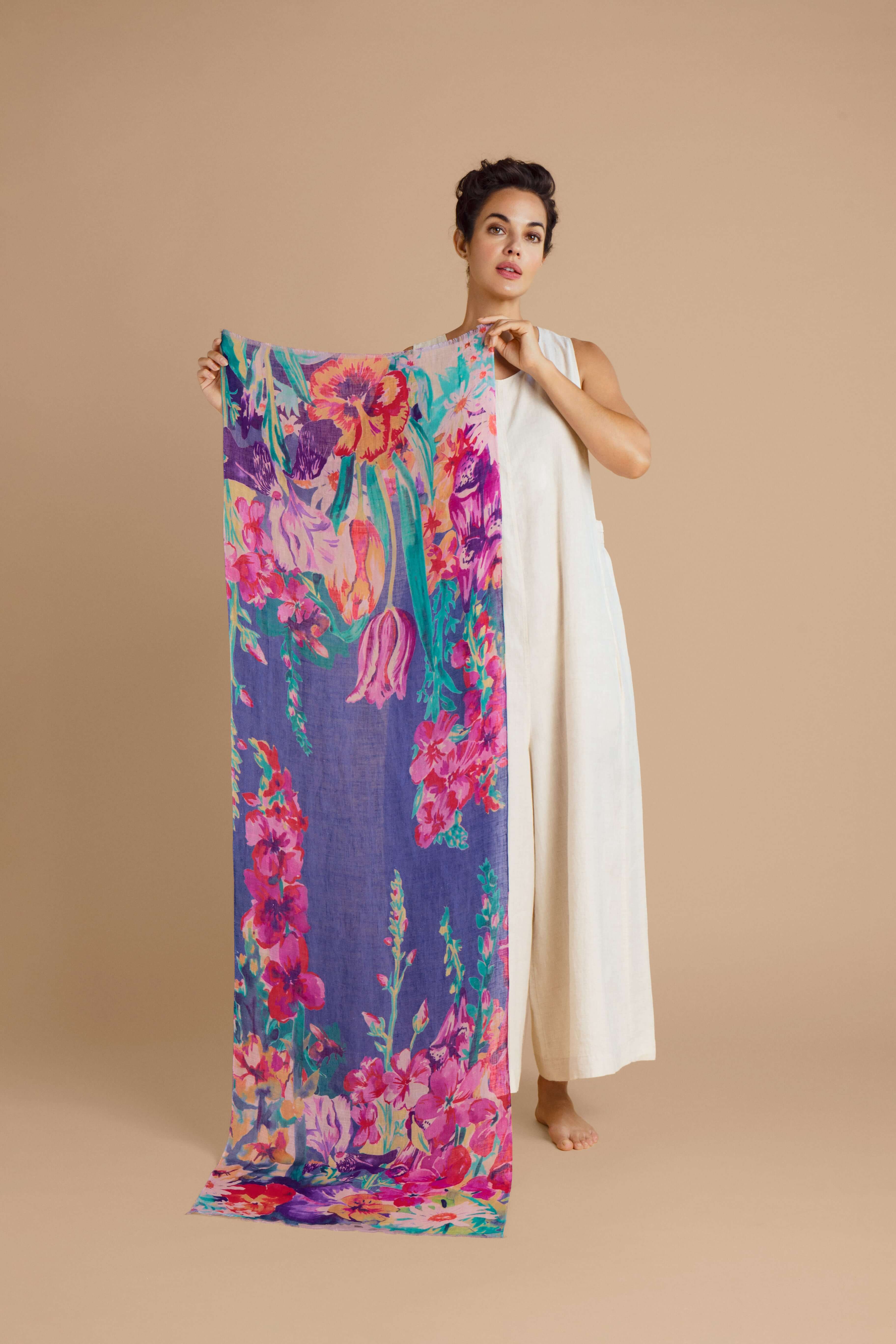 Impressionist Garden Linen Print Scarf - Indigo