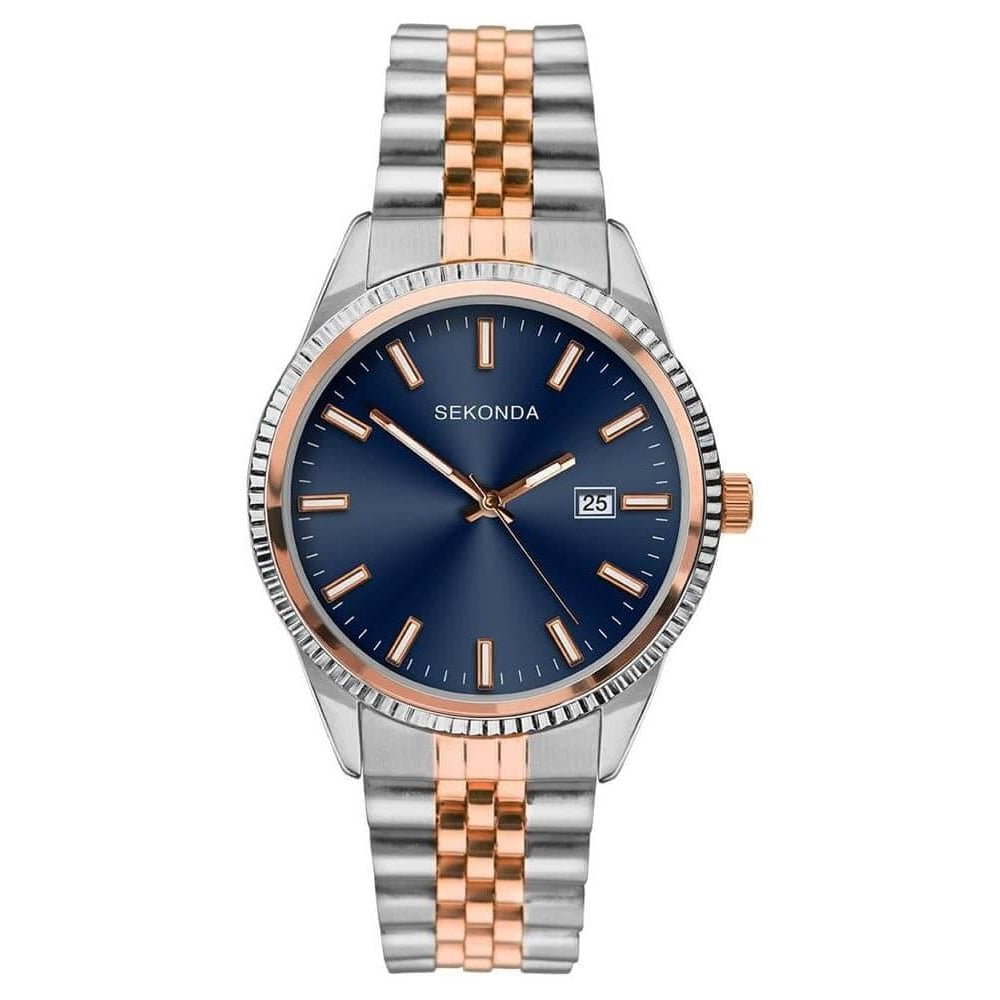 Two Tone Case, Blue Sunray Dial With Date Window & Two Tone Bracelet Strap Gents Watch