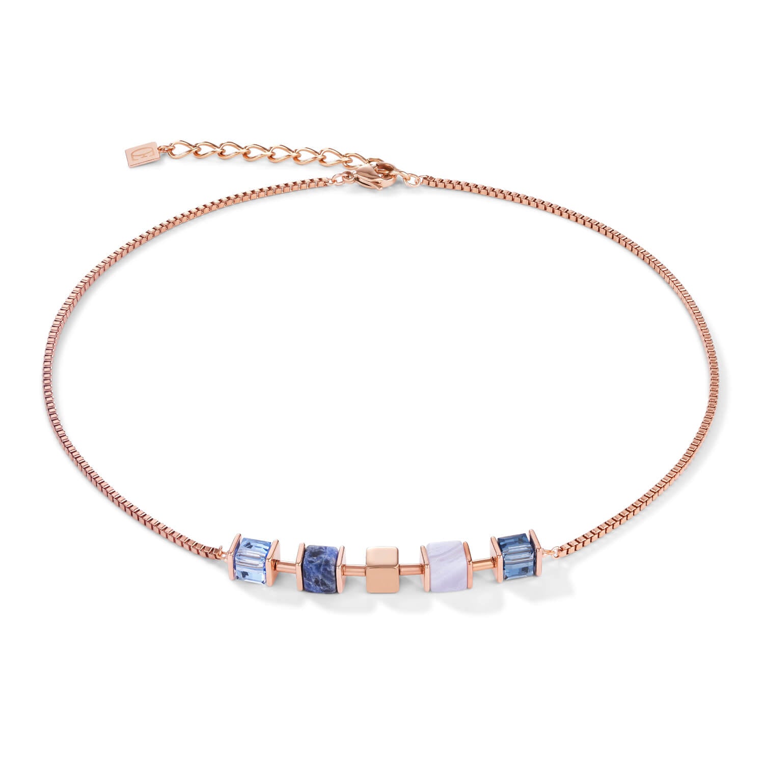 Blue Geo Cube & Rose Gold Plated Chain Necklace