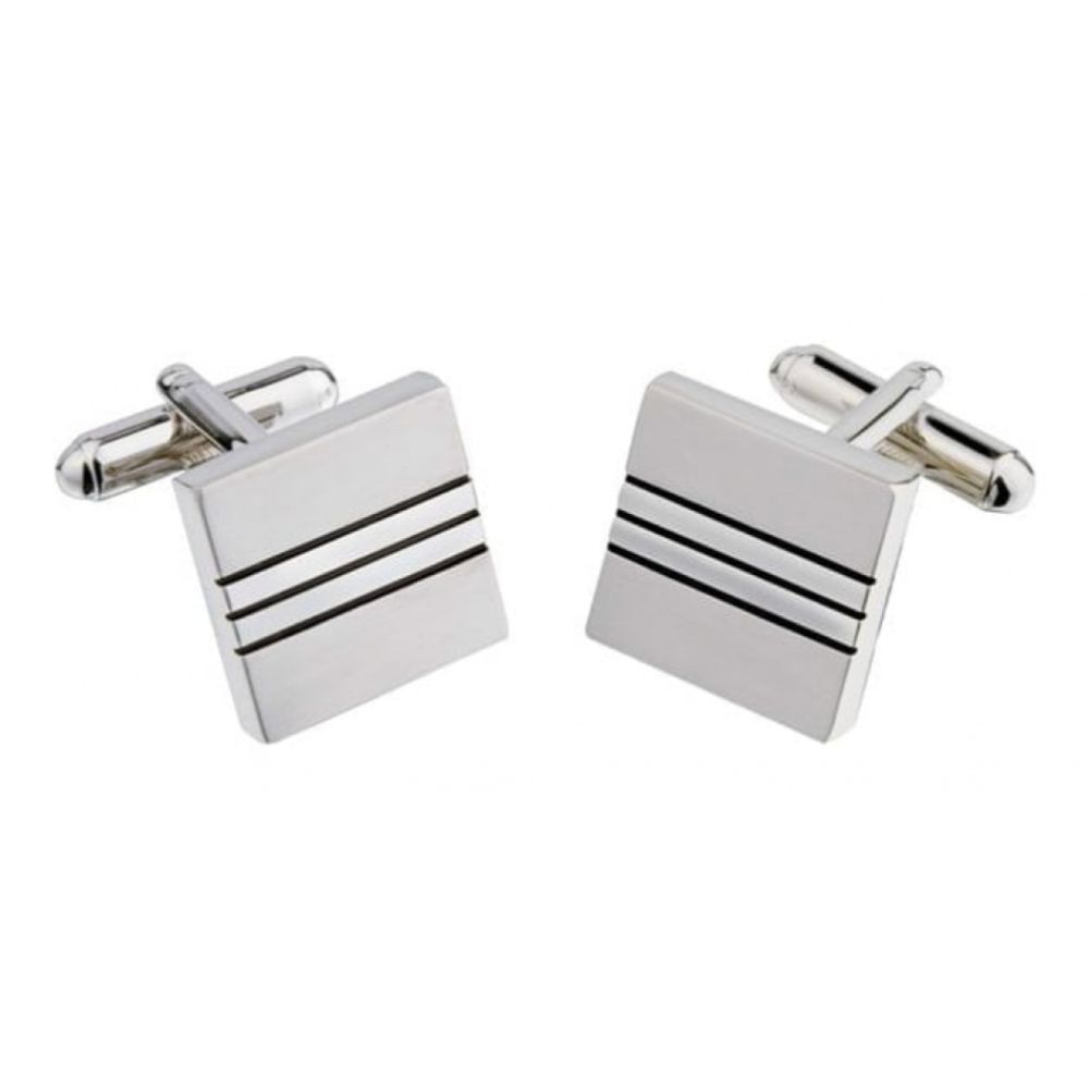 Square Silver Tone Cufflink With Horizontal Lines
