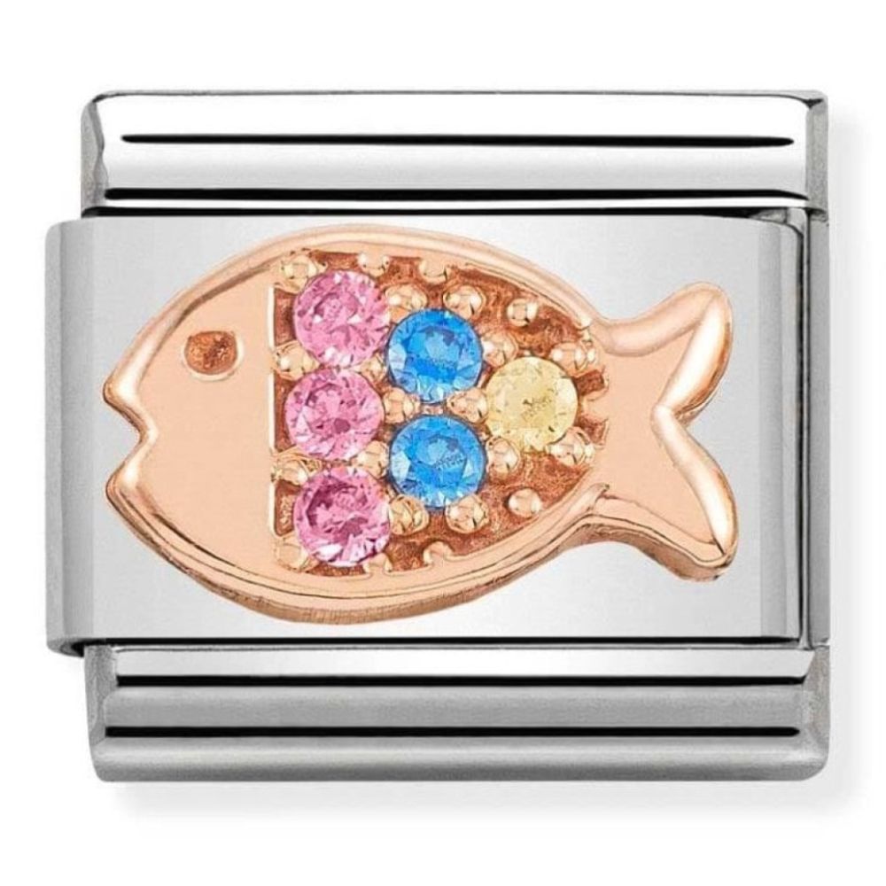 Composable Classic Symbols In Steel, 9k Rose Gold Fish with Multi-Coloured CZ Stones Charm