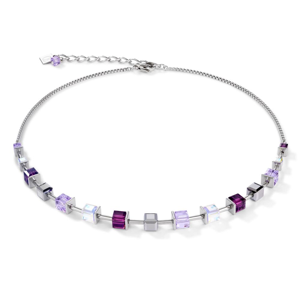 Swarovski Crystals & Amethyst Geo Cube Stainless Steel Necklace