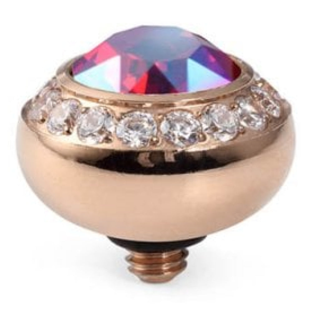 10mm Interchangeable Tondo Deluxe Light Siam Shimmer Crystal Top in RG With Crystal Bordered