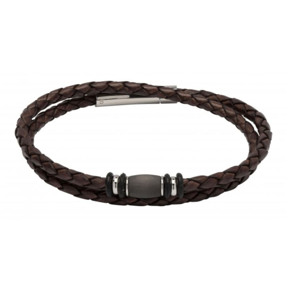 Dark Brown Leather Thin Bracelet With Steel Elements And Carbon Fiber