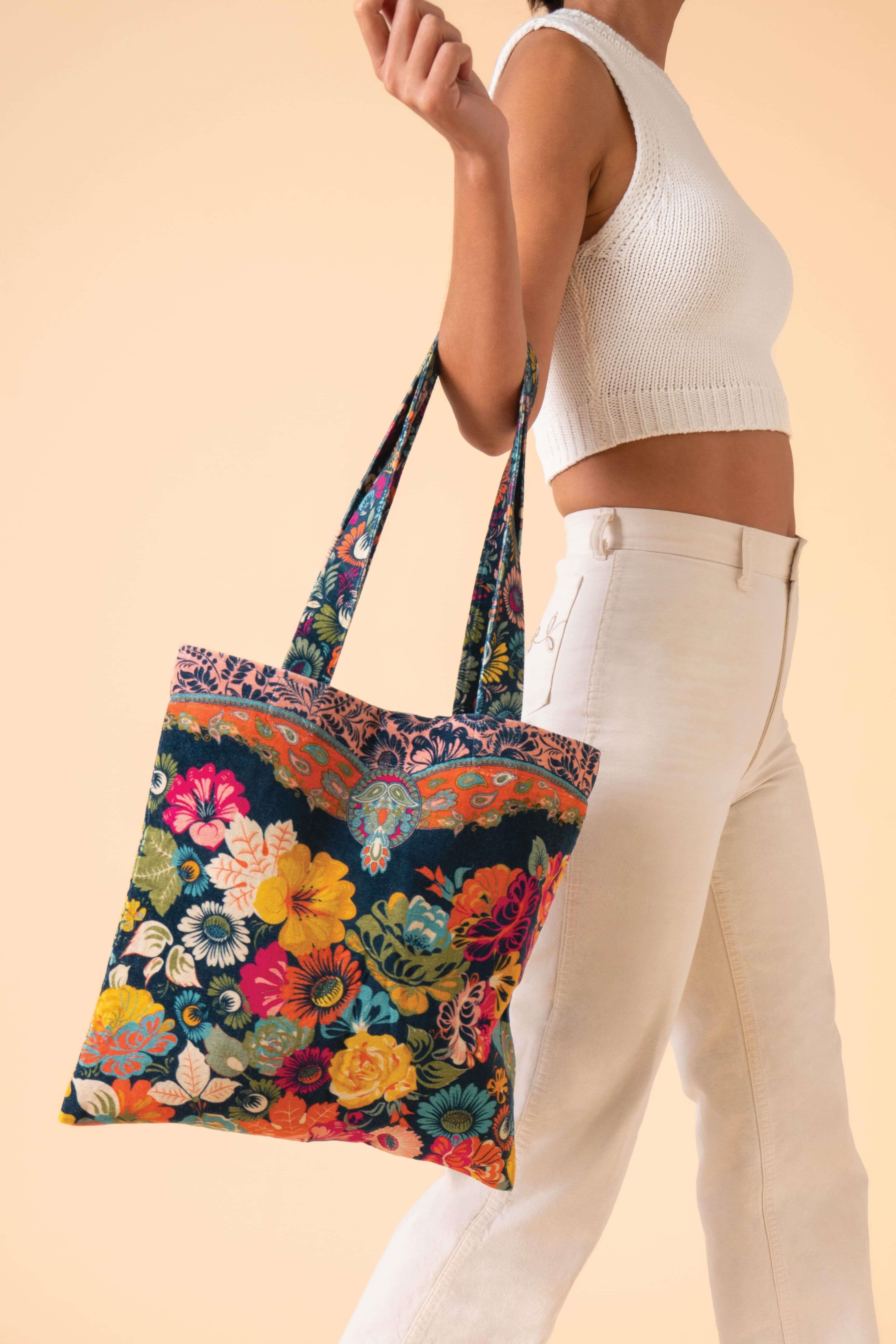 Vintage Floral Velvet Tote- Ink